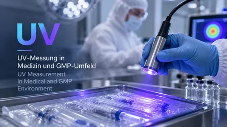 Gloved hand guiding a UV sensor over syringes in a tray, staff in cleanroom garments in the background – UV measurement in medical and GMP environments