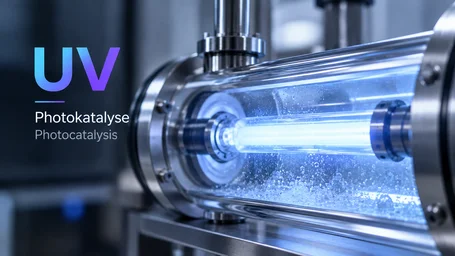 Stainless steel and glass tubular reactor with an internal UV lamp, water with gas bubbles flowing through – photocatalysis