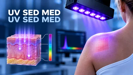 UV LED emitter above a shoulder with a reddened irradiated area, on the left a skin layer model with penetration depths and a wavelength scale – standard erythema dose and minimal erythema dose