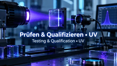 Optical measurement setup: UV beam through a sample cuvette to the detector, with the spectrum on the monitor alongside – testing and qualification