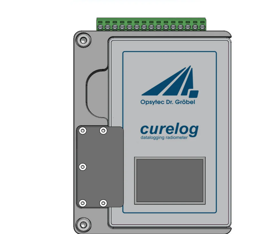 Estação de acoplamento curelog DOCK vista de frente: curelog acoplado e régua de terminais para conexão ao controlador via RS-485 ou RS-232