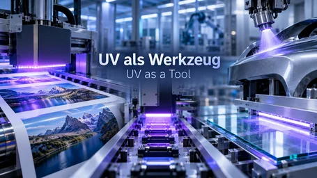 Production line with UV units: UV digital printing with a freshly cured image on the left, UV LED modules above glass panels in the centre, coating of a body part on the right – UV as a tool