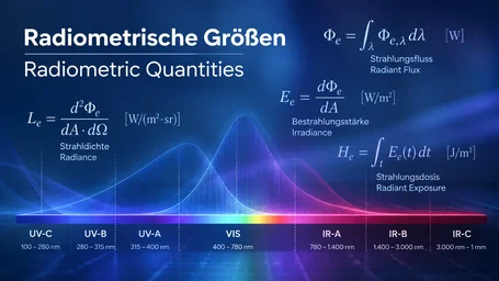 Overview of the radiometric quantities radiant flux, irradiance, radiance and radiant exposure with formulas above the spectral band from UV-C to IR-C