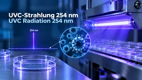 UVC low-pressure lamp above a conveyor with petri dishes, next to it a spectrum with a single line at 254 nm and a magnified view of micro-organisms