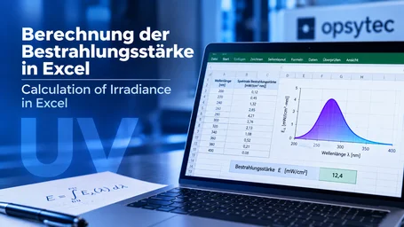 Laptop showing an Excel sheet of wavelength and spectral irradiance, the matching spectral curve and the calculated result in mW/cm² – calculating irradiance in Excel