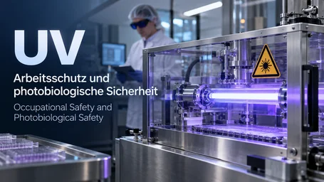 Enclosed UV system with protective screen, glowing UV lamp and optical radiation warning sign, behind it a technician wearing UV safety goggles and holding a tablet – occupational safety and photobiological safety