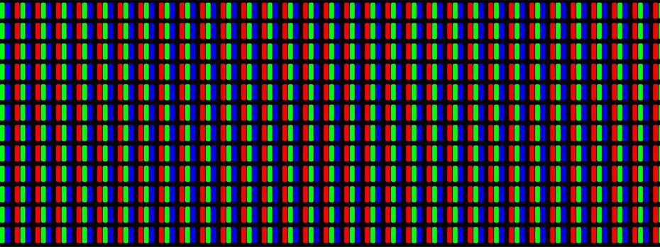 Macro shot of the red, green and blue subpixels of a display in a regular grid arrangement