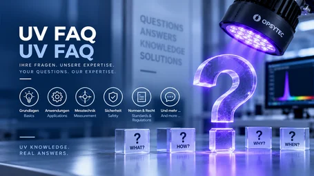 Large glass question mark under a UV LED emitter with cubes reading what, how, why and when in front, alongside icons for basics, applications, measurement, safety and standards – UV FAQ