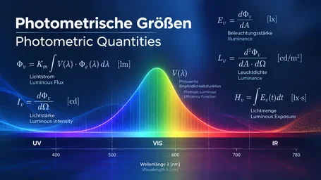 Overview of the photometric quantities luminous flux, luminous intensity, illuminance, luminance and luminous exposure with formulas over the V-lambda curve and the spectrum from UV to IR