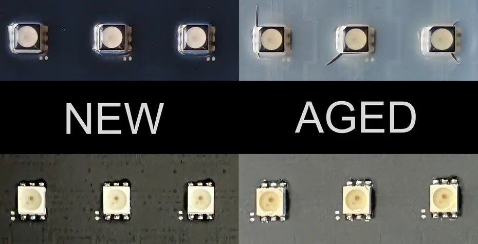 The picture illustrates the comparison between new and UV-aged electronic components using the example of light-emitting diodes.