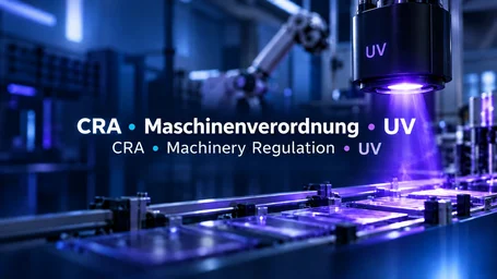Impianto UV con segnale di avvertimento per radiazione ottica e pannello di comando, davanti i documenti del Regolamento Macchine e del Cyber Resilience Act con un'icona di lucchetto – regolamento macchine e CRA