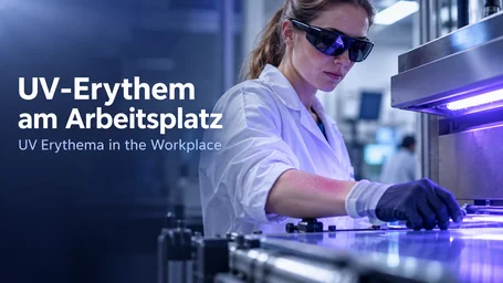 Worker wearing UV safety goggles and gloves at a UV system with violet-glowing emitters – UV erythema in the workplace