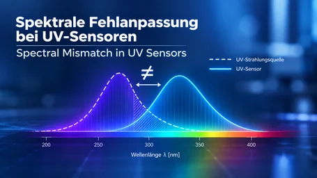 Two curves for UV source and UV sensor offset against each other over wavelength with a not-equal sign between them – spectral mismatch in UV sensors