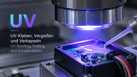 UV spot emitter above a circuit board in its housing, a dispensing needle for potting compound alongside – UV bonding, potting and encapsulation