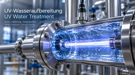 Stainless steel UV reactor with sight glass, water flowing around a blue-glowing lamp – UV water treatment