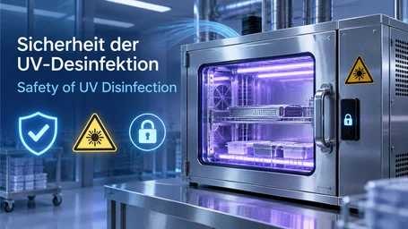 Closed stainless steel UVC disinfection cabinet with violet-glowing lamps above trays, next to it an optical radiation warning sign and icons for protection and interlocking – safety of UV disinfection