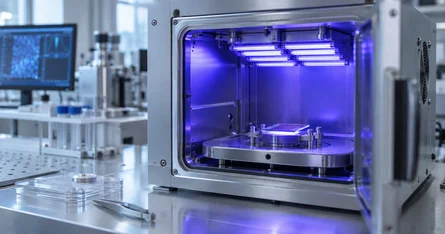 Sample during UV irradiation inside the chamber