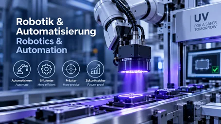 Robot arm with a UV LED tool irradiating parts on an automated production line, alongside the icons automate, more efficient, more precise and future-proof – robotics and automation