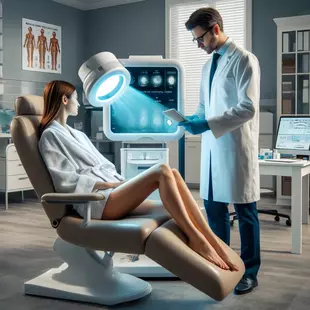 A scene from a dermatology clinic in which a patient undergoes a UV measurement. The setting is a modern clinic with a dermatologist operating a UV light device