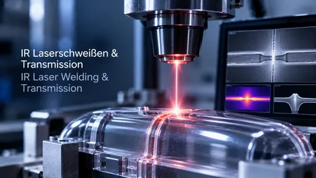 Laser processing head welding a transparent plastic part with a red laser beam, monitors showing the weld seam alongside – IR laser welding and transmission