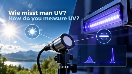 Radiometer head on a tripod between sunlight and a UV LED emitter, next to it a spectrum with two peaks
