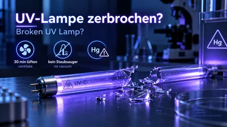 Broken UV-C fluorescent lamp with glass fragments, next to it the notes ventilate for 30 minutes, do not vacuum and a mercury warning sign – broken UV lamp