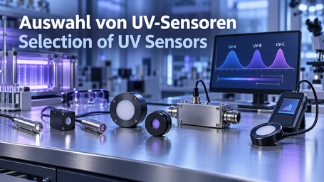 Various UV sensor designs with cables and a measuring head on a laboratory bench, behind them a monitor showing the UV-A, UV-B and UV-C responsivity curves and a handheld meter – selection of UV sensors