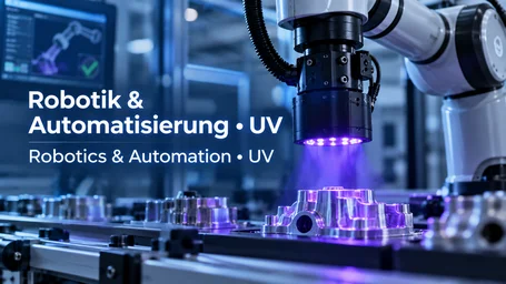 Braccio robotico con utensile a LED UV che irraggia componenti su una linea di produzione automatizzata, insieme alle icone automatizzare, più efficiente, più preciso e a prova di futuro – robotica e automazione