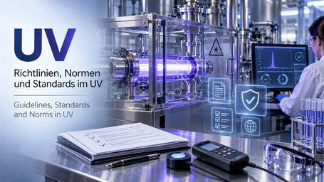Laboratory UV reactor with an optical radiation warning sign, test report and UV meter, alongside icons for documents, checklists and scope – guidelines, norms and standards in UV