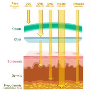 Ultraviolet radiation influenced, human skin layers damage. UVA, UVB, UV C, visible, infrared rays. Dermis, epidermis, hypodermis. Sun light measurements, nm wavelength, ozone.