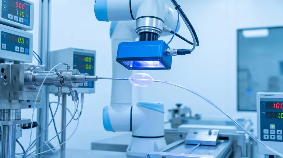 Six-axis robotic arm positions a UV-LED spot source over a bond site on a tube or balloon component, with temperature and dose display units in the background