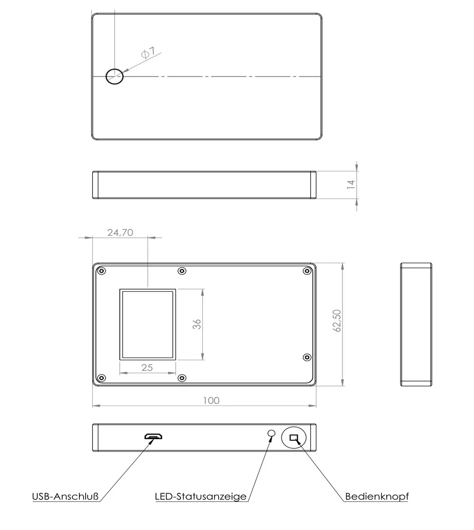 Maattekening van de curelog Base: behuizing 62,5 x 100 x 14 mm met positie van het sensoroppervlak en de bevestigingsboringen