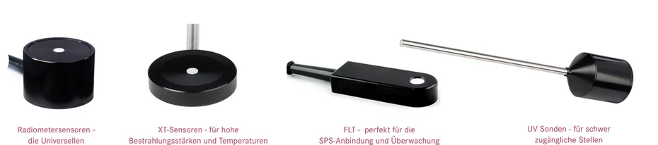 Čtyři konstrukce senzorů vedle sebe: senzor radiometru, XT senzor pro vysoké ozářenosti a teploty, FLT pro připojení k PLC a UV sonda pro těžko přístupná měřicí místa