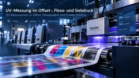 UV measuring device above the running web of a printing press with a four-colour print image, irradiance and dose readings alongside – UV measurement in offset, flexo and screen printing
