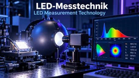 LED measuring station with integrating sphere and detector, an LED module on an alignment stage in front of it, next to it a monitor with LED spectrum, chromaticity diagram and values such as luminous flux and colour temperature