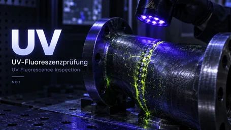 UV-A hand lamp over a pipe flange whose crack fluoresces green under irradiation – UV fluorescence inspection in non-destructive testing