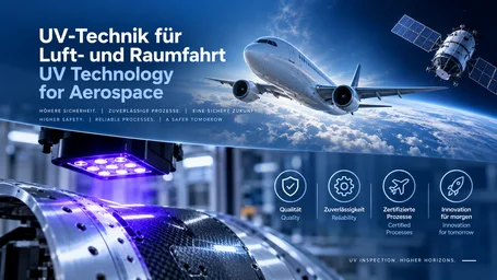 Airliner and satellite above the clouds, below them a UV LED emitter over a carbon fibre part, alongside the icons quality, reliability, certified processes and innovation – UV technology for aerospace