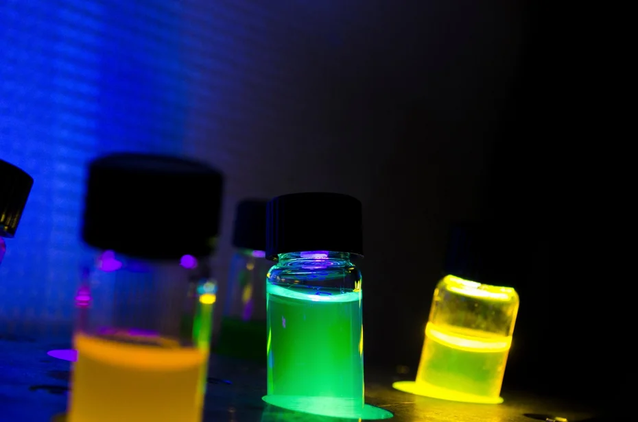 Several sample vials containing coloured fluorescing solutions glow green, yellow and orange under ultraviolet excitation in a darkened laboratory