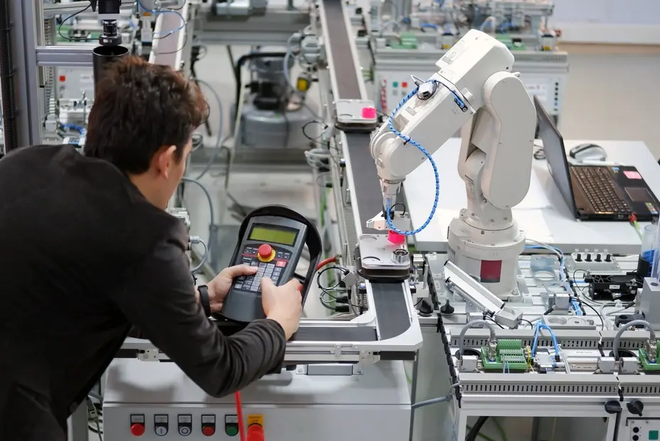 Technician programming an industrial robot with a teach pendant on an automated production line with conveyor and control equipment