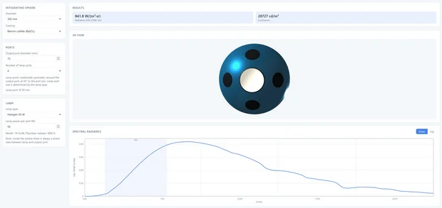 Integrating sphere simulation with input parameters, 3D model and spectral radiance plot