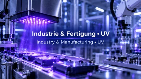 UV LED area emitter above parts on the conveyor of an automated production line – industry and manufacturing