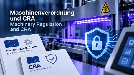 UV system with an optical radiation warning sign and control panel, in front of it the Machinery Regulation and Cyber Resilience Act documents with a padlock icon – machinery regulation and CRA