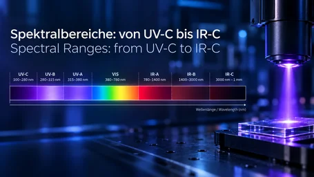 Colour spectral band showing the ranges UV-C, UV-B, UV-A, VIS, IR-A, IR-B and IR-C with wavelength limits from 100 nm to 1 mm – spectral ranges from UV-C to IR-C