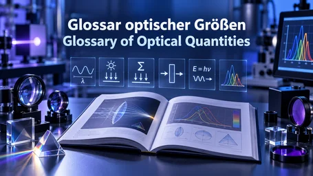 Open reference book with spectra and a ray diagram on a laboratory bench, above it symbols for wavelength, irradiance, dose, transmission and photon energy