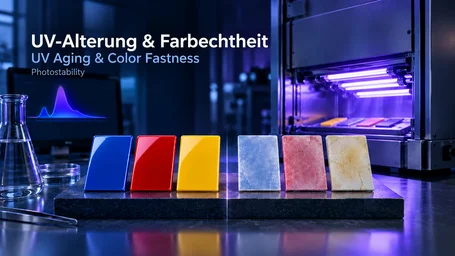 Three coloured plastic panels next to their faded counterparts in front of a UV weathering device – UV ageing and colour fastness
