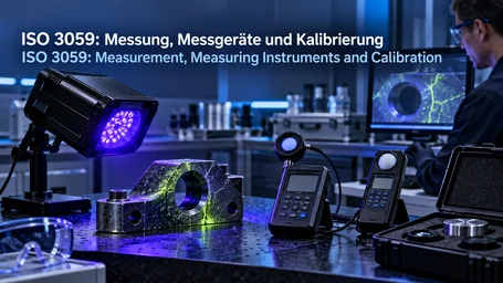UV-A inspection station to ISO 3059: UV-A LED lamp, fluorescent crack indications on a part, and meters for irradiance and illuminance