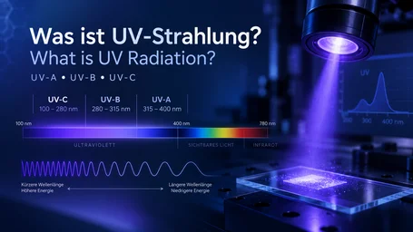 Spectral band showing the UV-C, UV-B and UV-A ranges from 100 nm to 780 nm and a wave diagram from short to long wavelength – what is UV radiation?