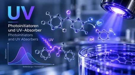 Molecular models splitting into radicals under UV irradiation, absorption curves over wavelength on the left – photoinitiators and UV absorbers