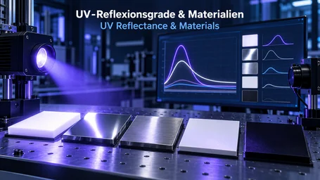 Material samples – PTFE, aluminium, stainless steel, white paint and black lacquer – under UV light with reflectance curves on a monitor