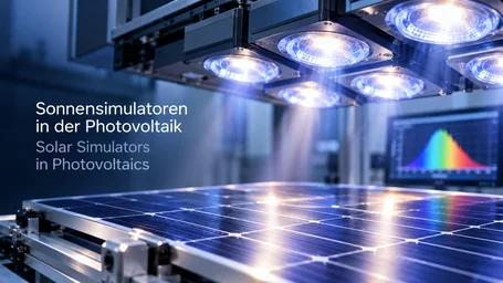 Solar simulator with several lamp heads illuminating a solar module, a monitor showing the spectral curve alongside – solar simulators in photovoltaics